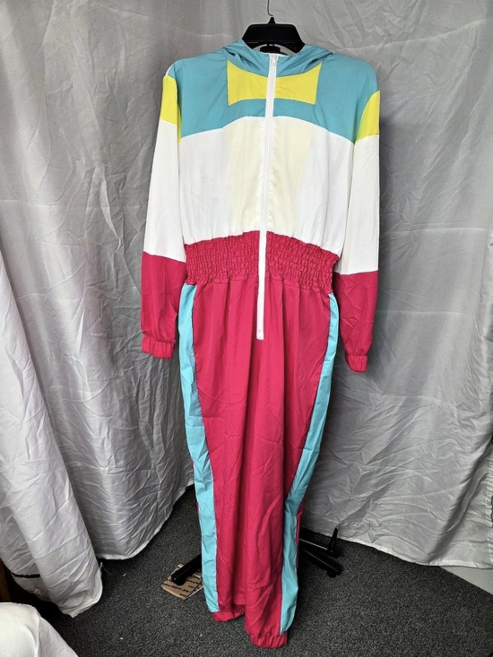 Retro Women’s Colorblock Windbreaker Jumpsuit One-Piece Long Sleeve Size Large